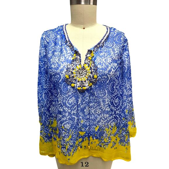Soft Surroundings Sheer Beaded Blouse PL — Italian Riviera Vibes, Swim Cover-Up - Picture 1 of 7